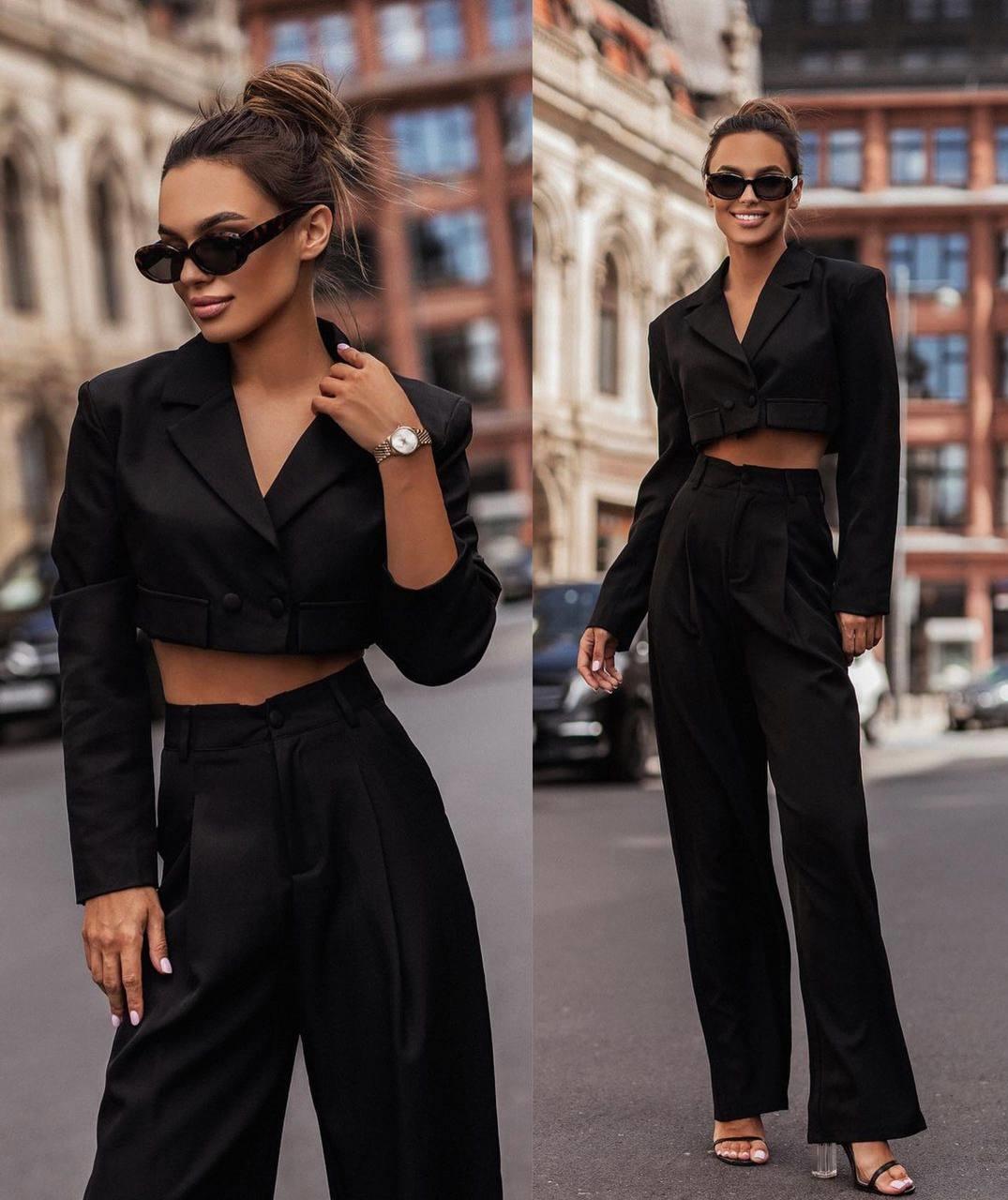 Siyah ithal kumaş klasik crop ceket pantolon ikili takım