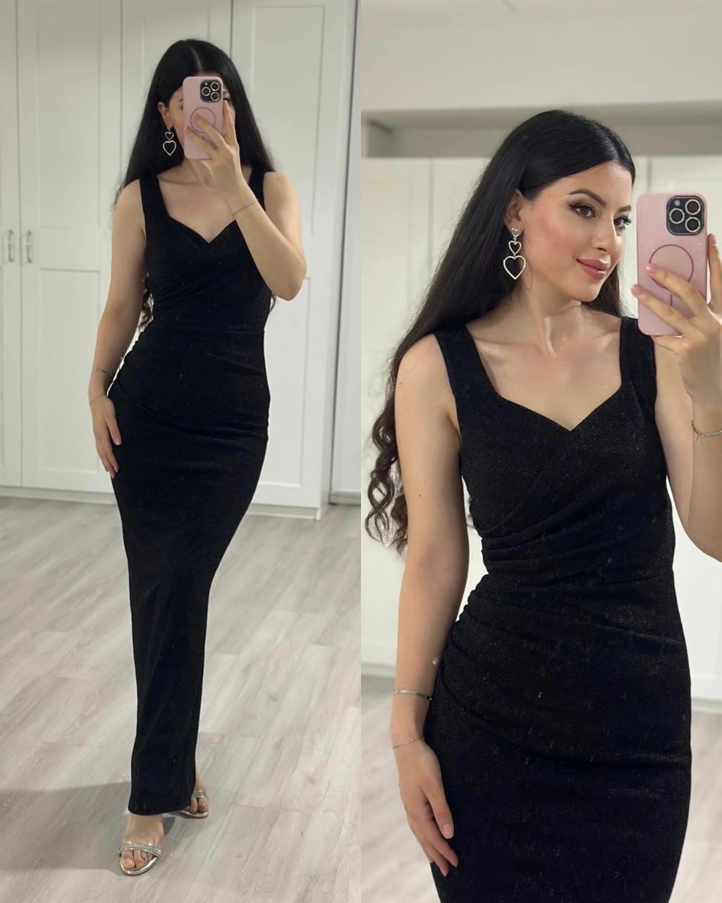 Siyah simli likralı kalp yaka uzun abiye