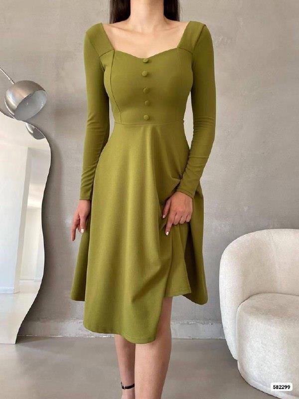Yağ yeşili ithal krep vintage düğmeli midi boy kloş elbise