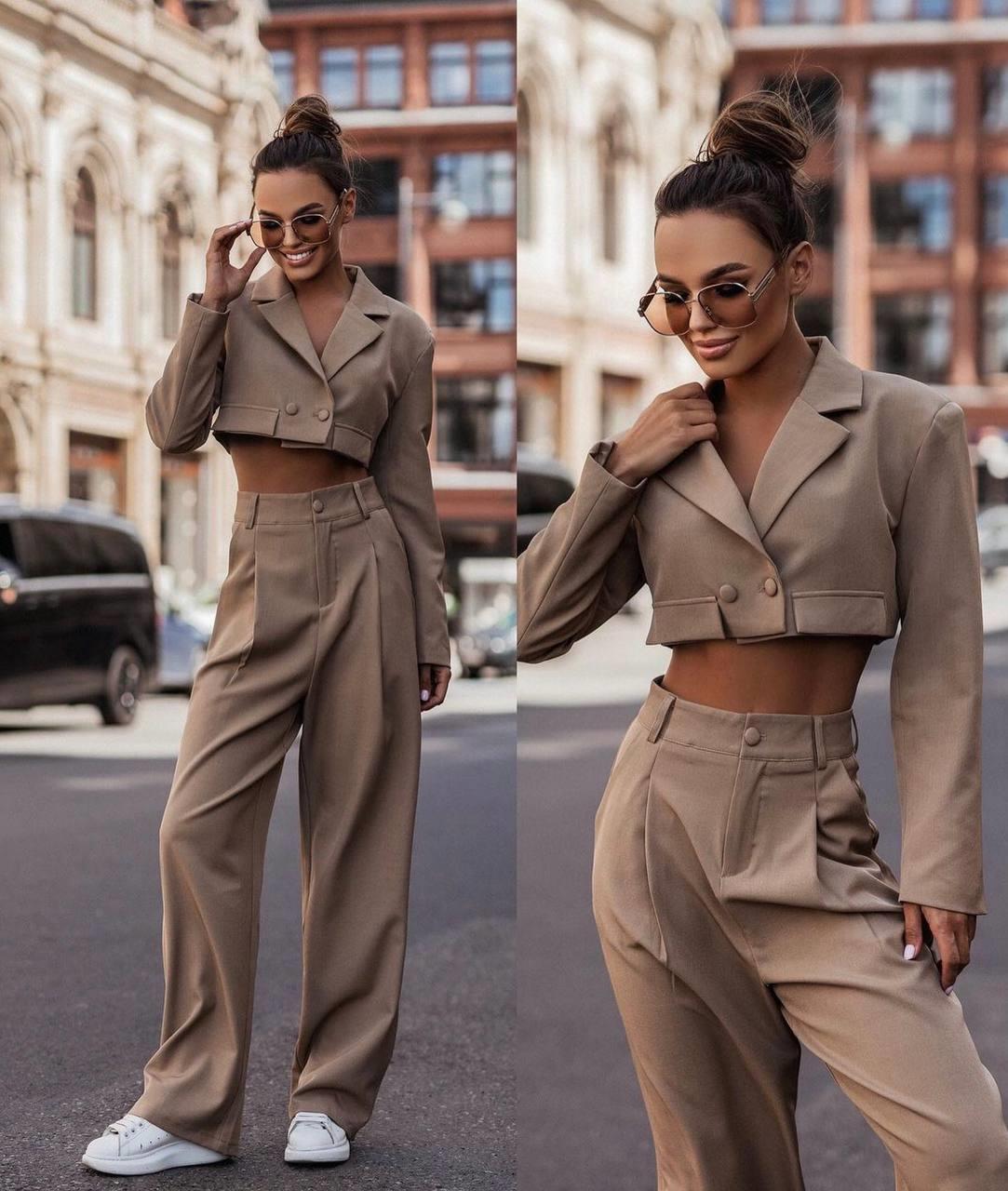 Bej ithal kumaş klasik crop ceket pantolon ikili takım