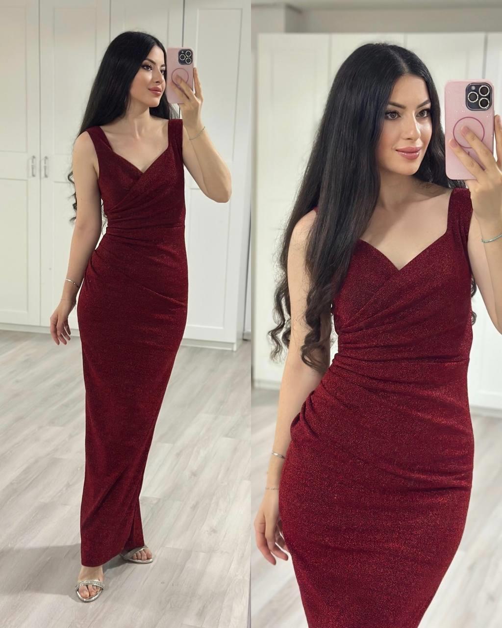 Bordo simli likralı kalp yaka uzun abiye
