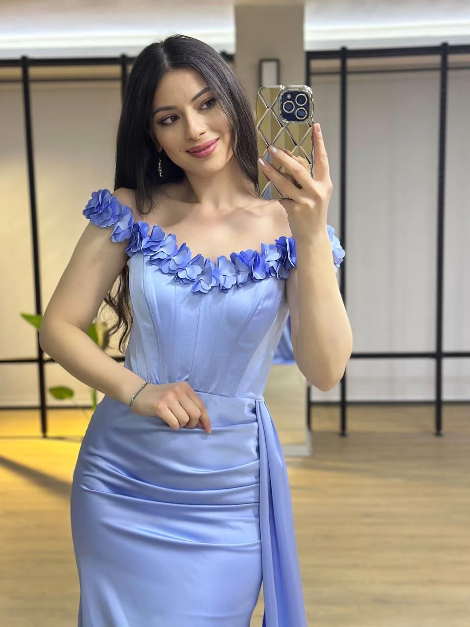 Korseli çiçek detay bebe mavi abiye · 2