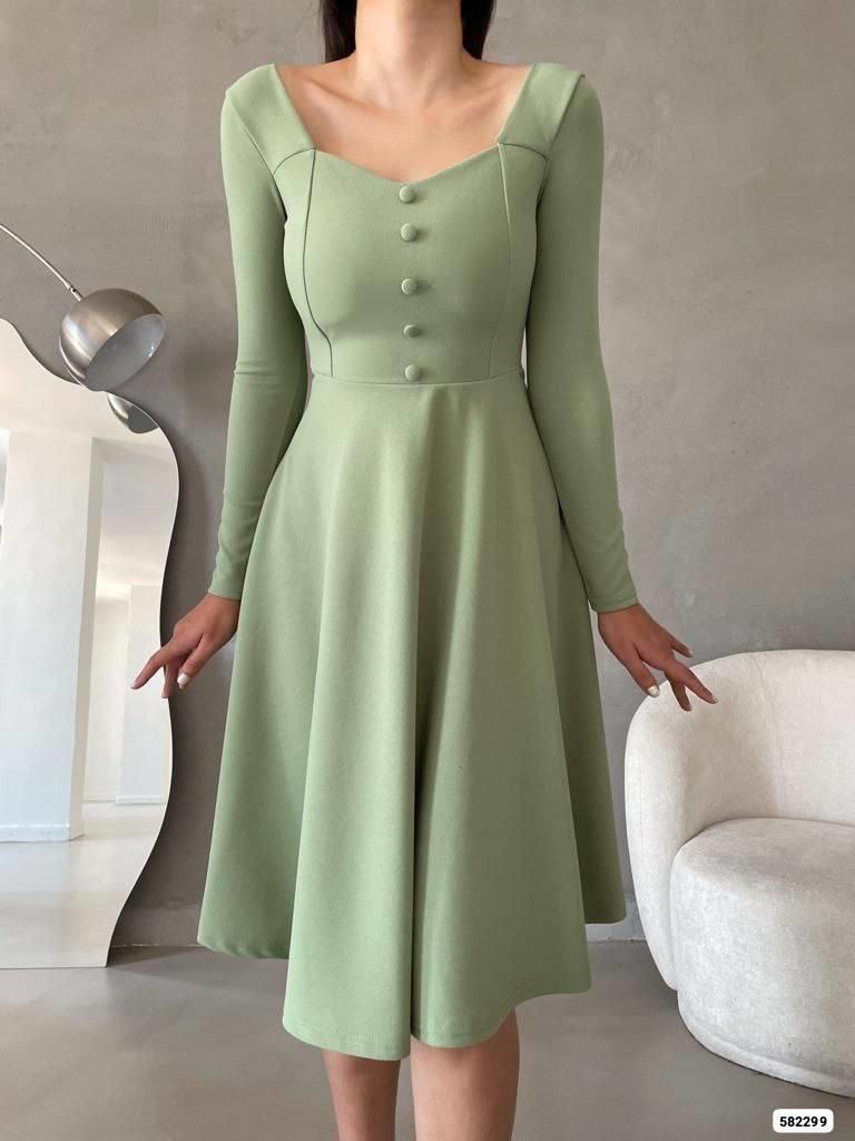 Mint yeşili ithal krep vintage düğmeli midi boy kloş elbise