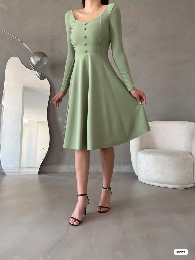 Mint yeşili ithal krep vintage düğmeli midi boy kloş elbise · 5