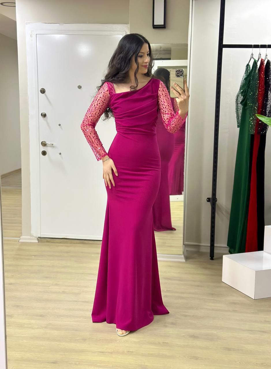 Pembe kolu payetli uzun balık abiye