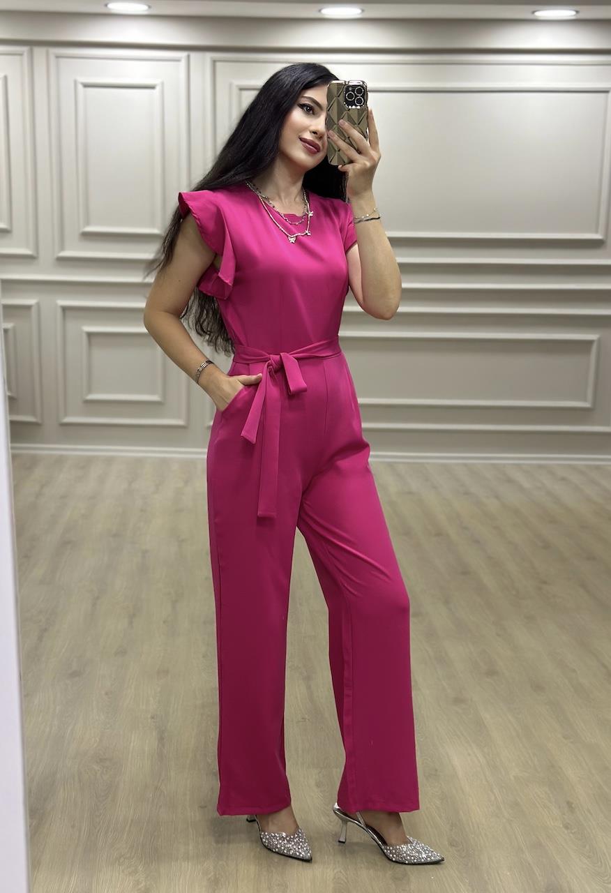 Pembe Omuz Fırfırlı ve Kuşaklı Tulum