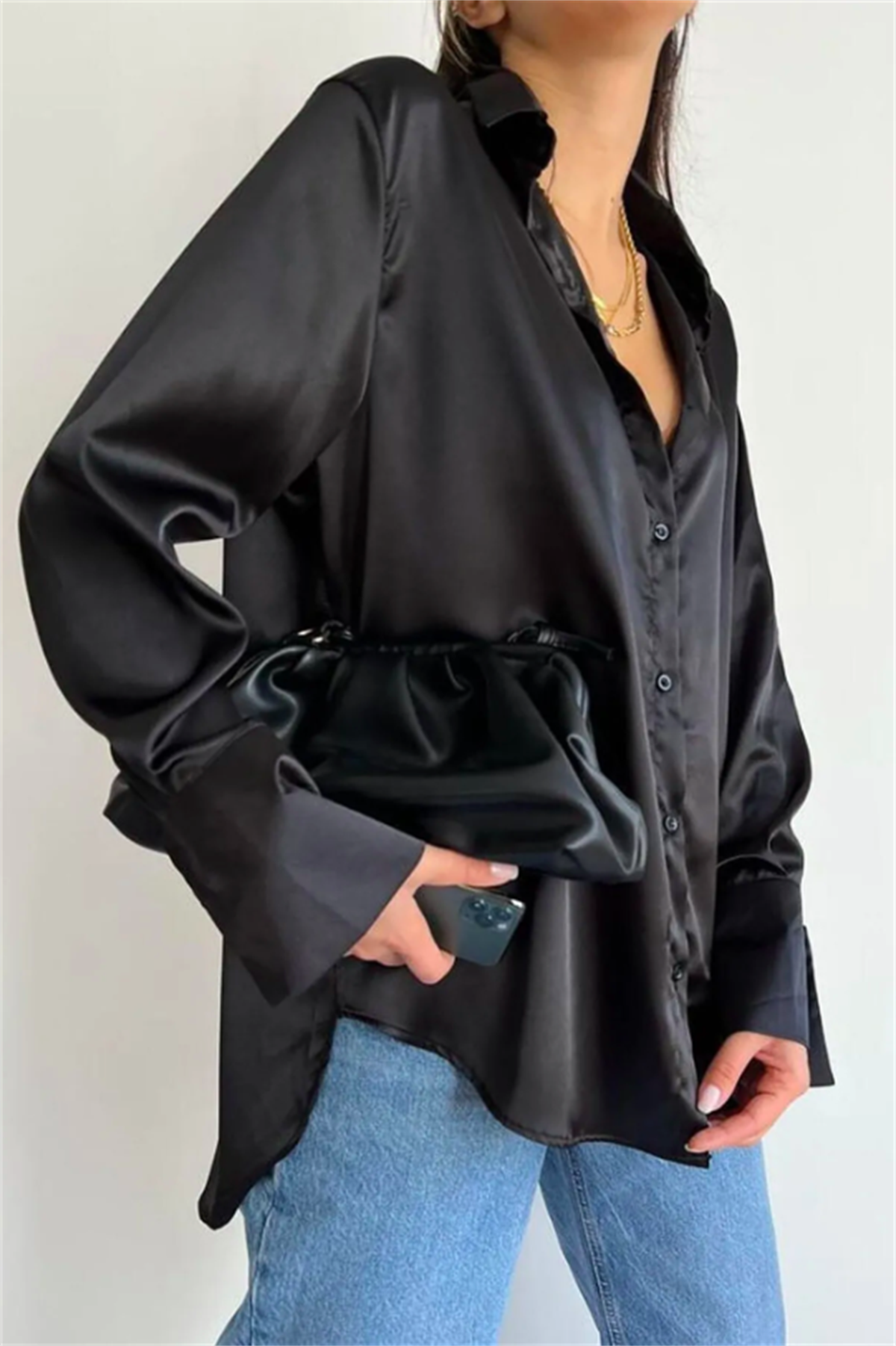 Saten siyah oversize gömlek