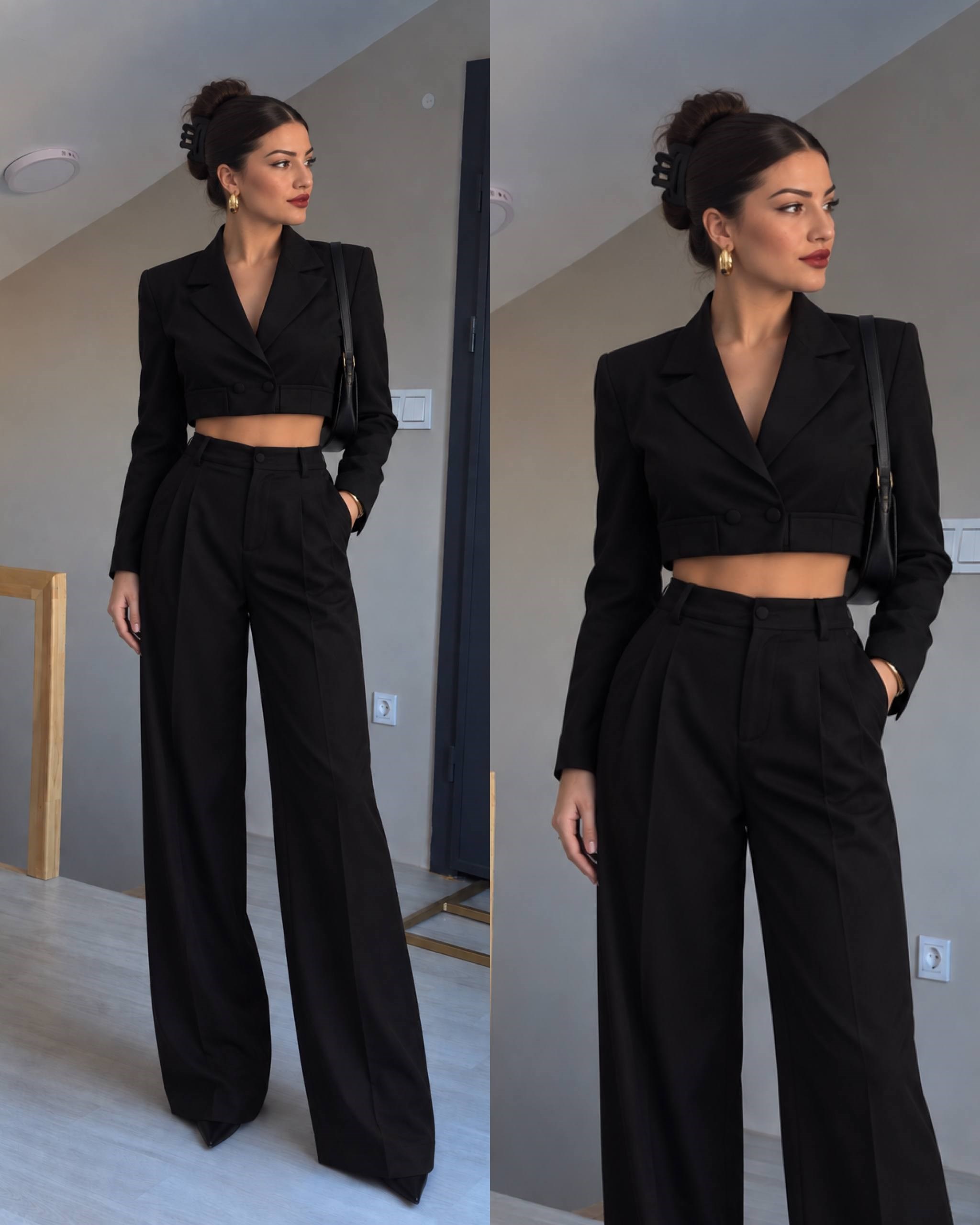 Siyah crop ceket pantolon ikili takım