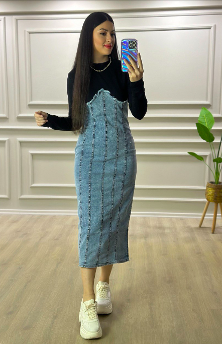 Siyah likralı bluz ve jean etek birleşik denim elbise
