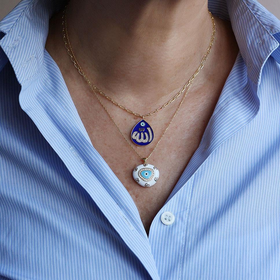 Lacivert Mine İşlemeli Allah Yazılı Kolye