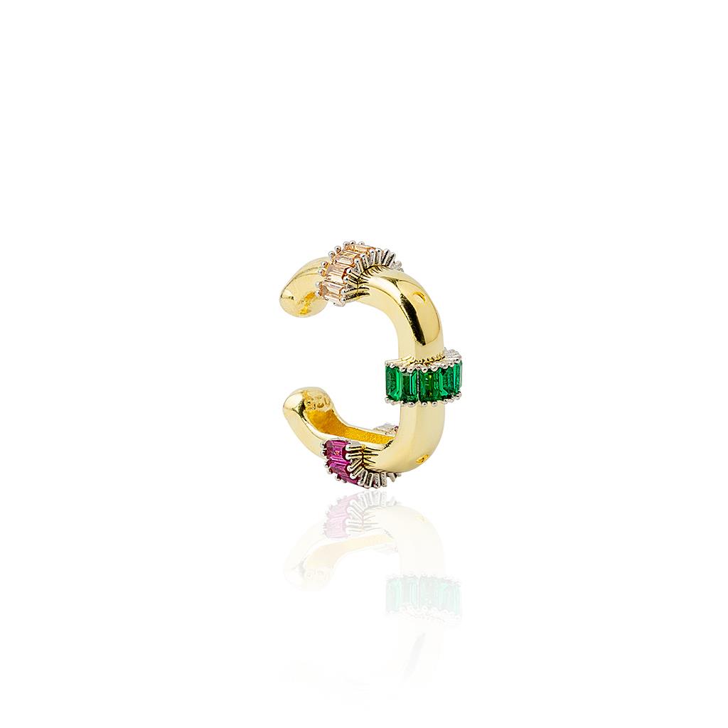 Renkli Baget Taşlı Cuff Küpe Gold