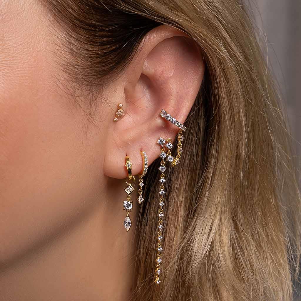 Sıra Taşlı Zincirli Cuff Küpe (Tekli)