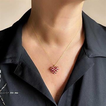 Fuşya Taşlı Dolgu Kalp Kolye