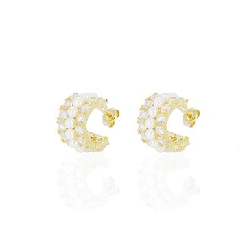 İnci ve Taşlı Yarım Halka Küpe Gold