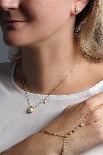 İncili İstiridye Kolye Takım Gold