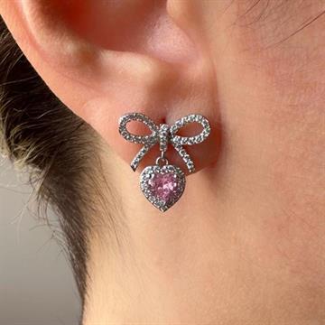 Pembe Kalp Taşlı Fiyonk Küpe