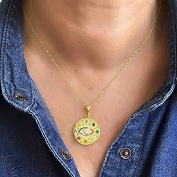 Renkli Taşlı Göz Coin Kolye