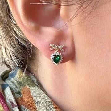 Yeşil Kalp Taşlı Fiyonk Küpe