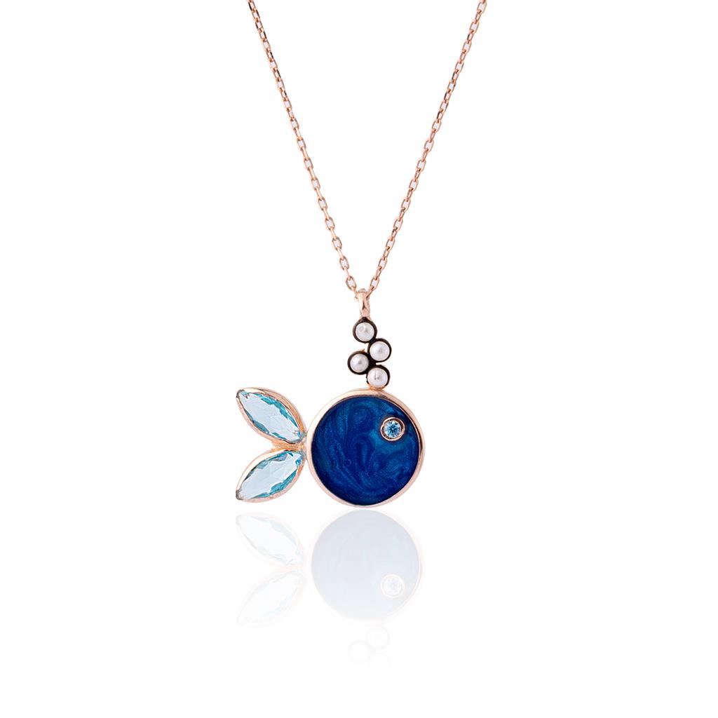 Mineli ve Taşlı Mavi Balık Kolye