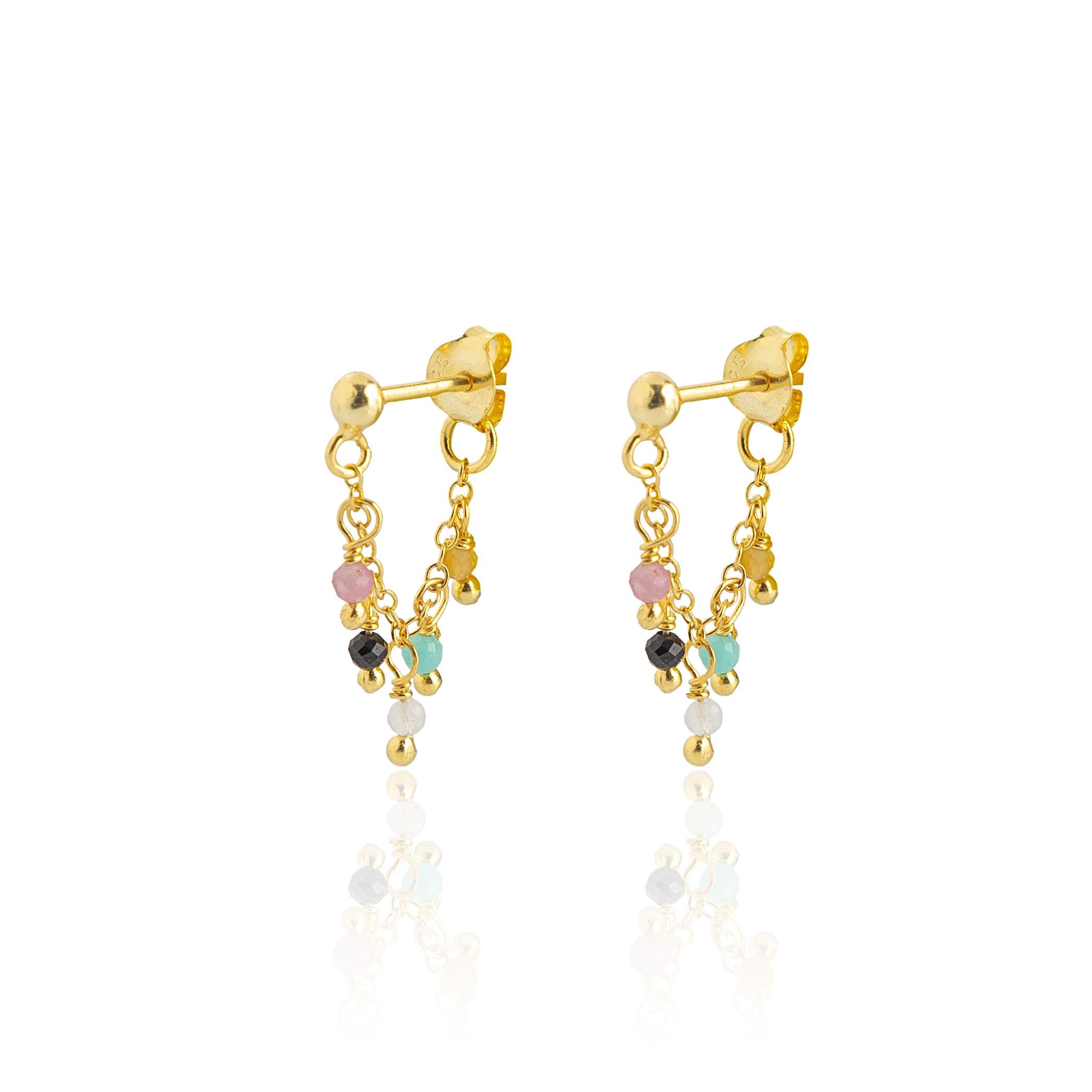 Renkli Turmalin Taşlı Mini Zincir Küpe