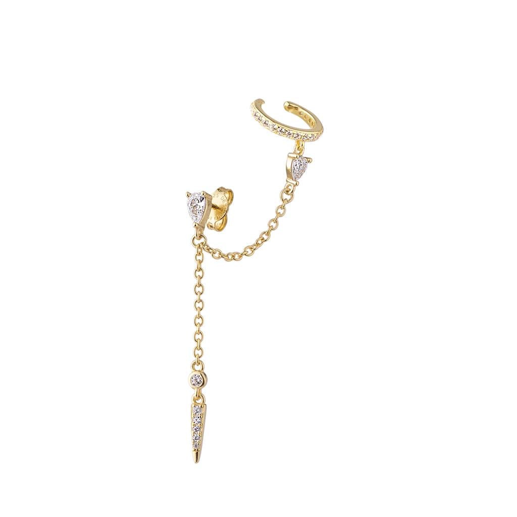 Üçgen Taşlı Zincirli Cuff Küpe