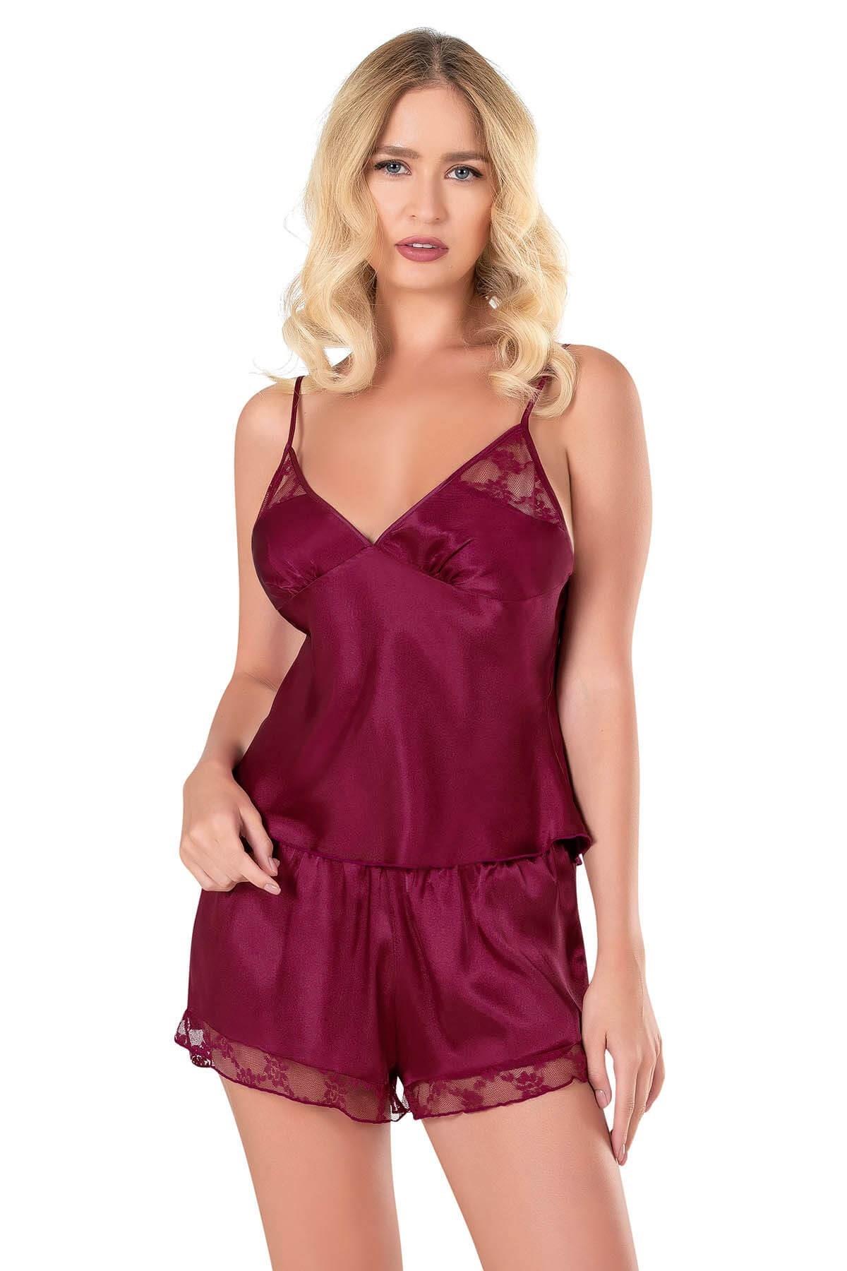 Aria's Closet Bordo Saten Babydoll Şort Takımı