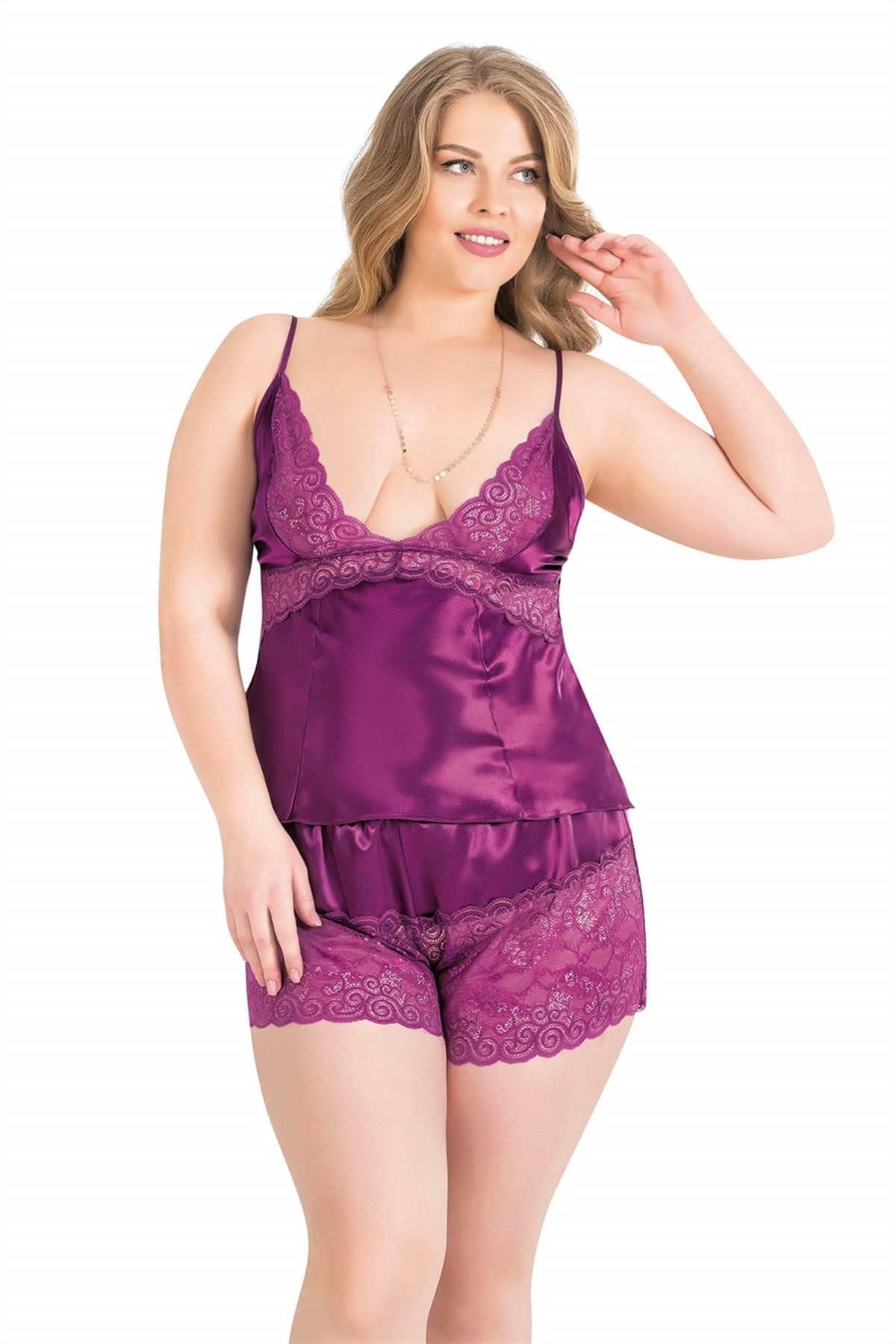 Aria's Closet Büyük Beden Mor Saten Babydoll Şort Takımı