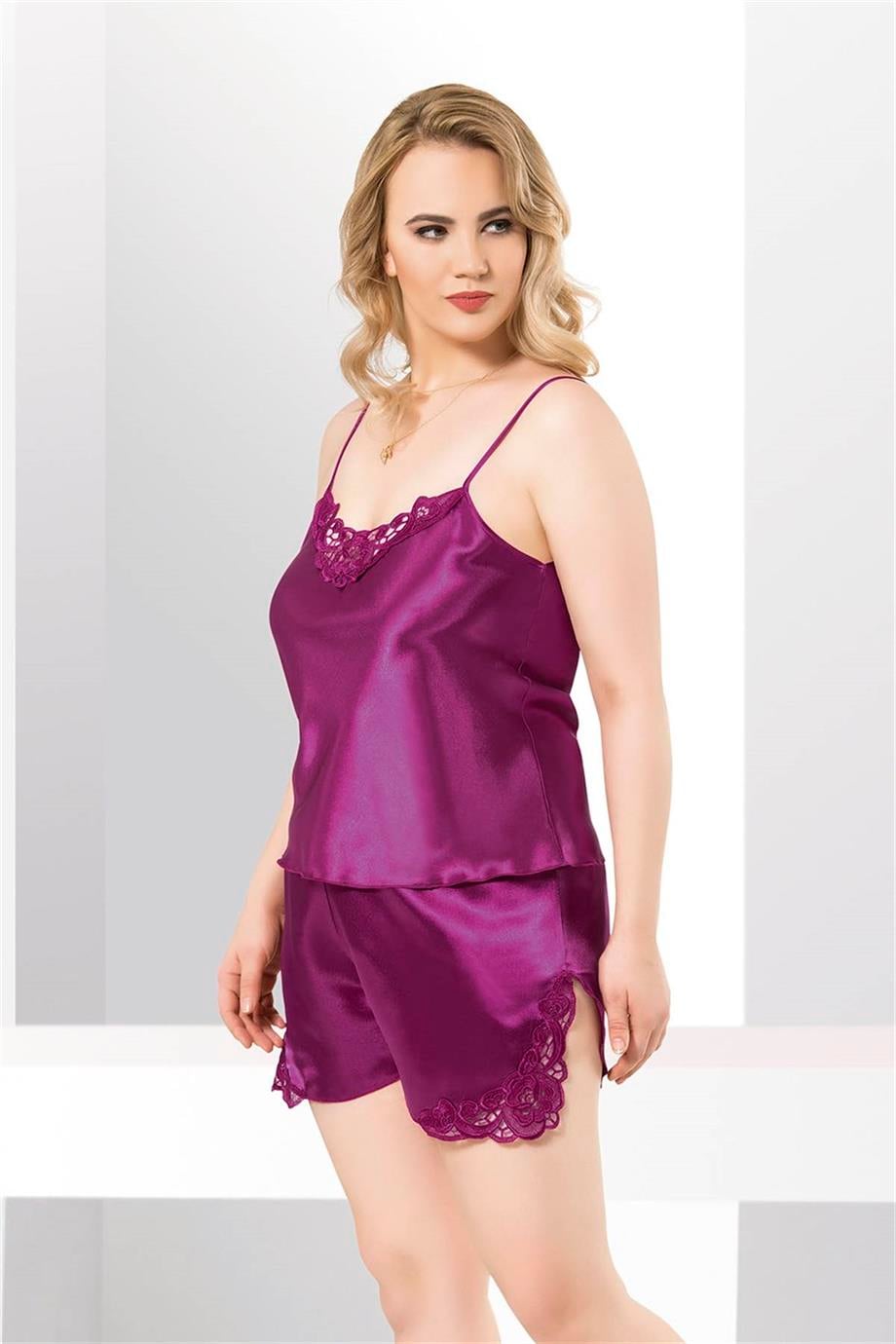 Aria's Closet Büyük Beden Mor Saten Babydoll Şort Takımı