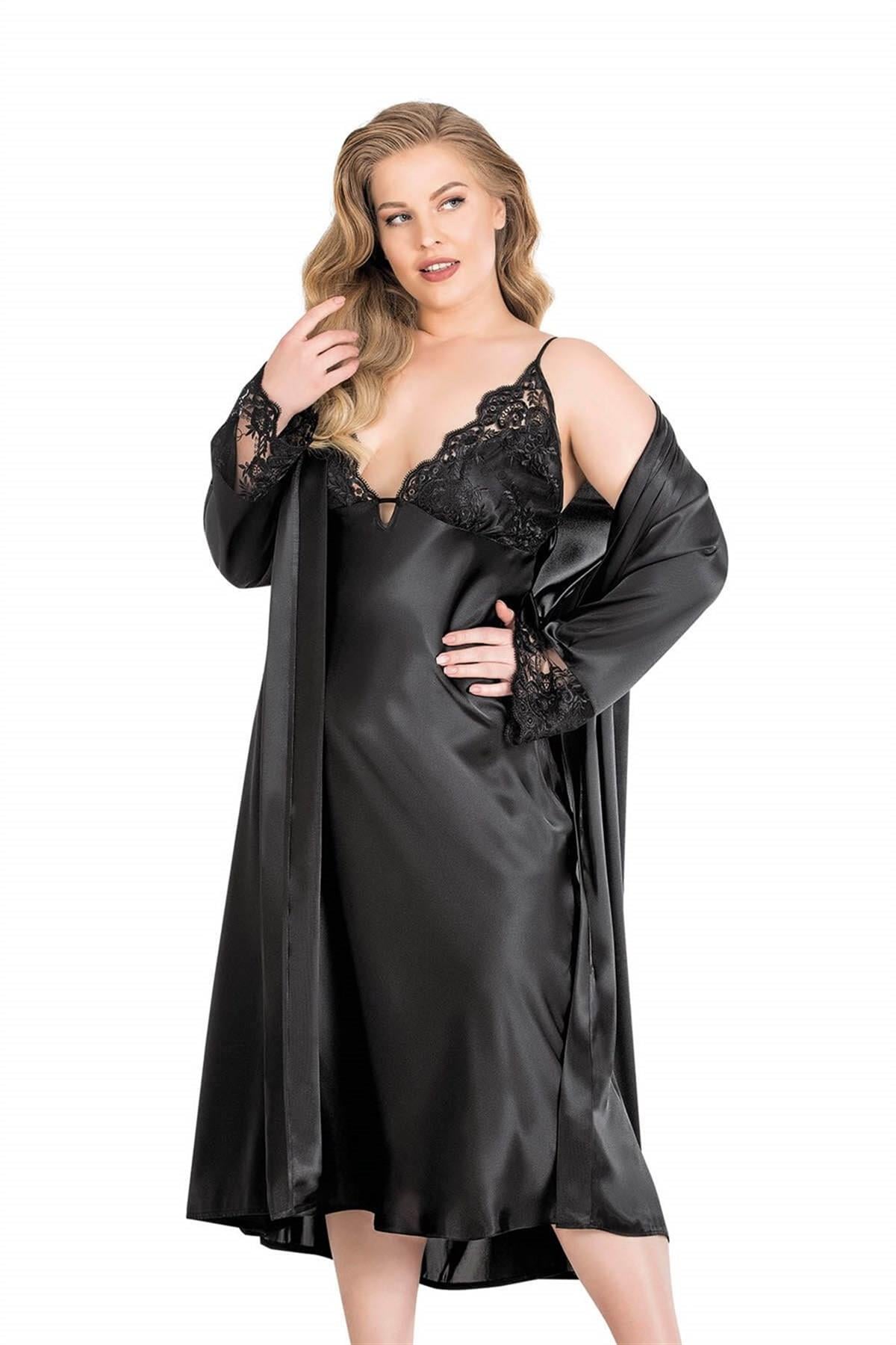 Aria's Closet Büyük Beden Siyah Uzun İkili Saten Sabahlık Gecelik Takımı