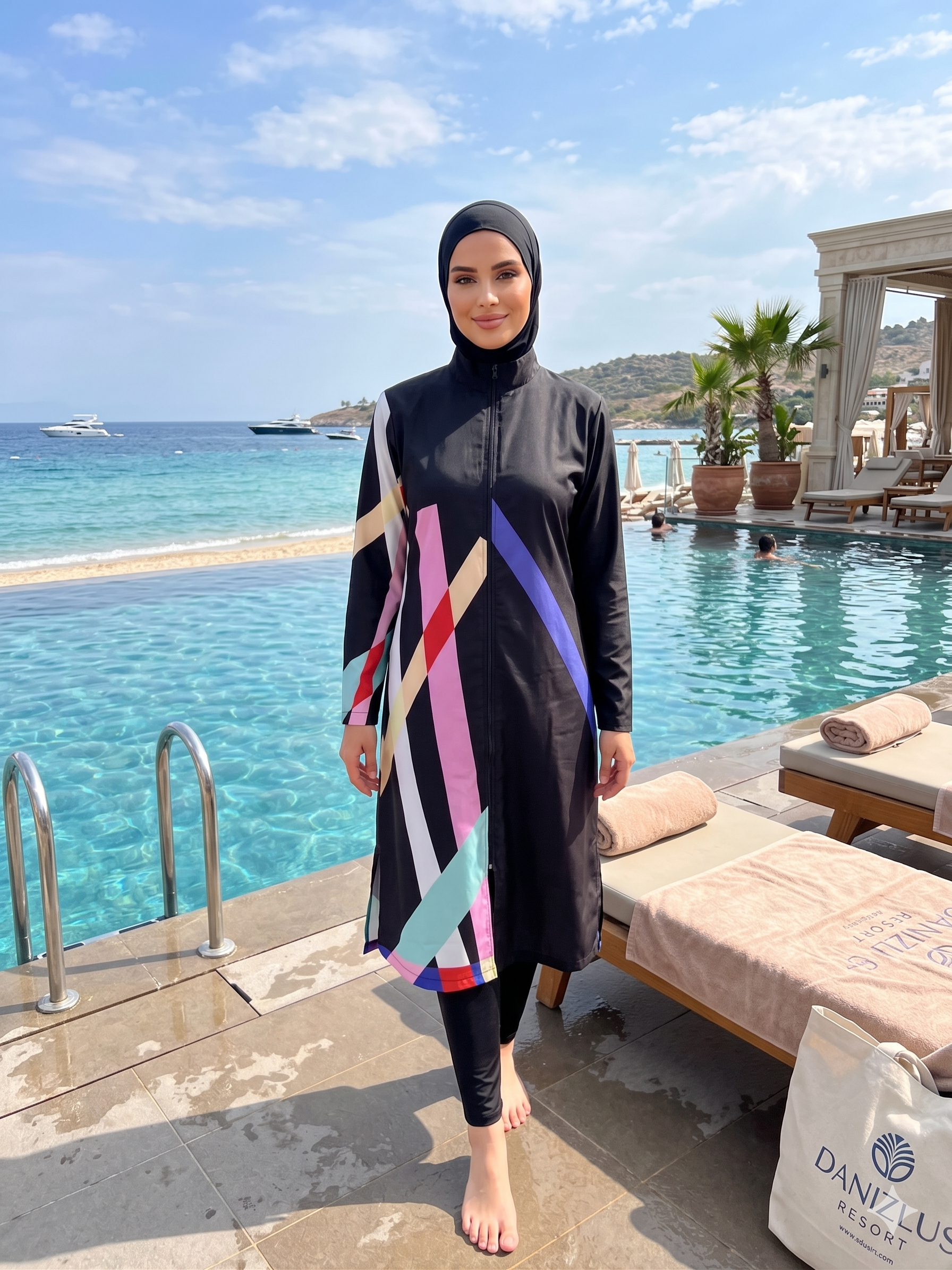 Arias Closet Geometrik Desenli Siyah Tam Kapalı Spor Likralı Fermuarlı Tesettür Mayo Takımı