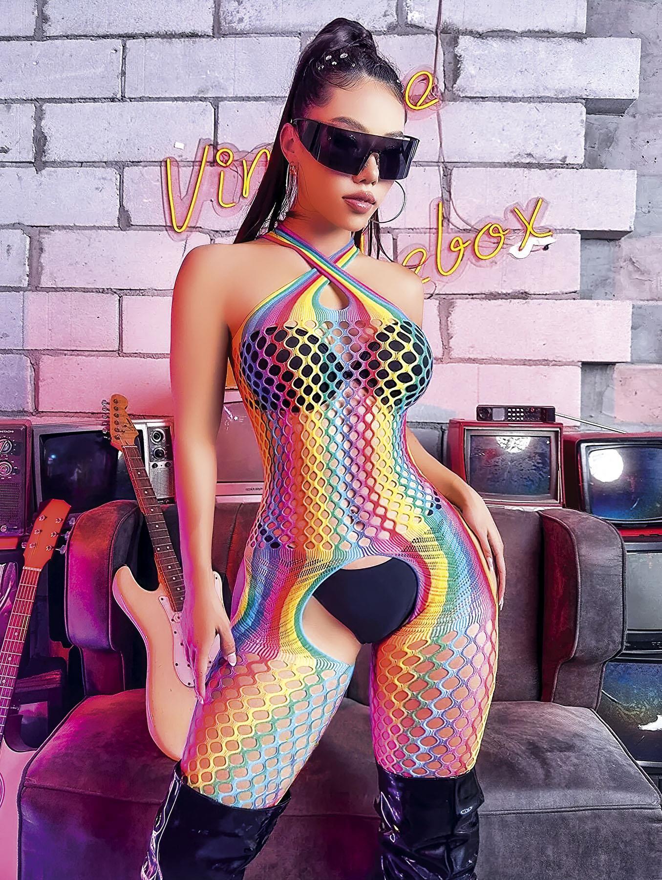 Arias Closet Gökkuşağı Desenli Fileli Fantezi Vücut Çorabı