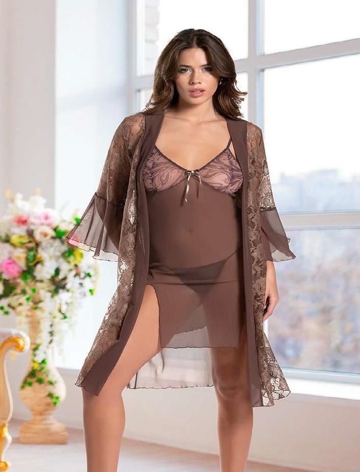 Aria's Closet Haki Transparan Dantel İşlemeli Tül Yırtmaçlı 2'li Gecelik Takımı