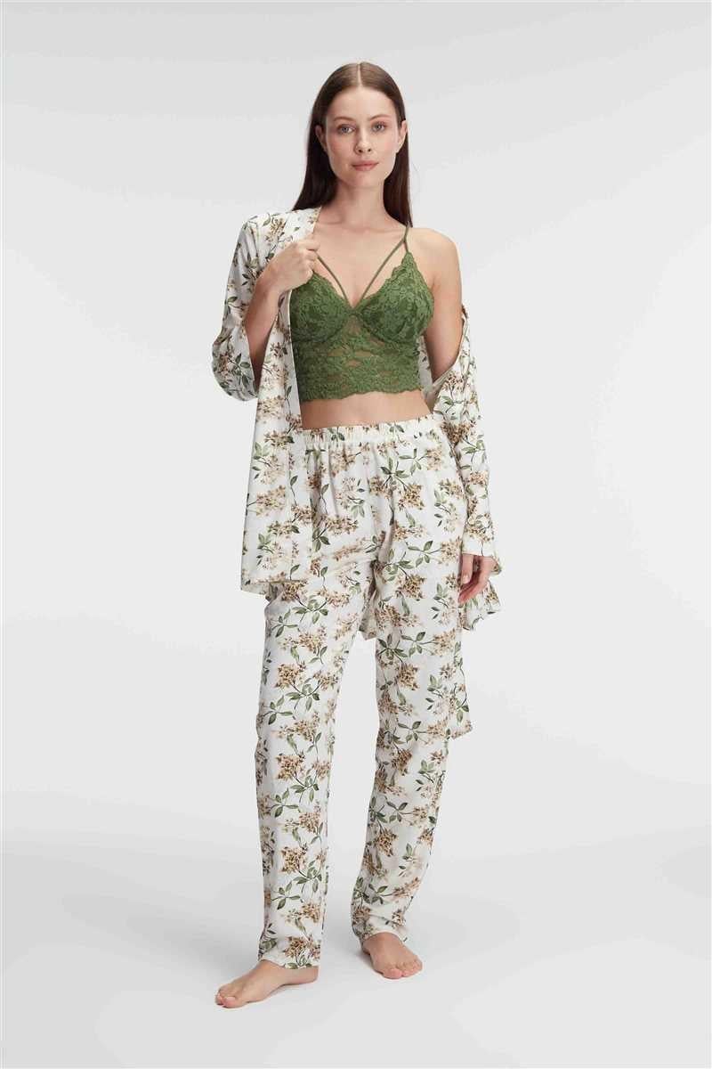 Arias Closet İp Askılı V Yaka Çiçek Desenli Yazlık Dokuma Dantel Detaylı Sabahlık Pijama Takımı