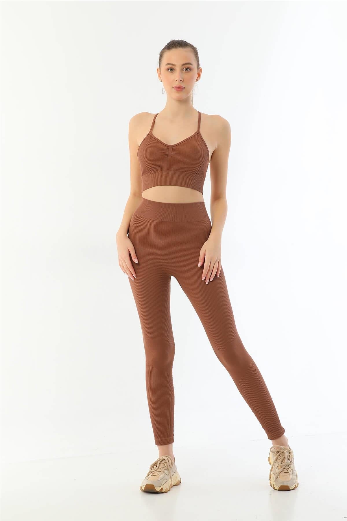 Arias Closet Kahve MI Emay 3921 Soft Seamless Ripli Tayt Yoga Takımı