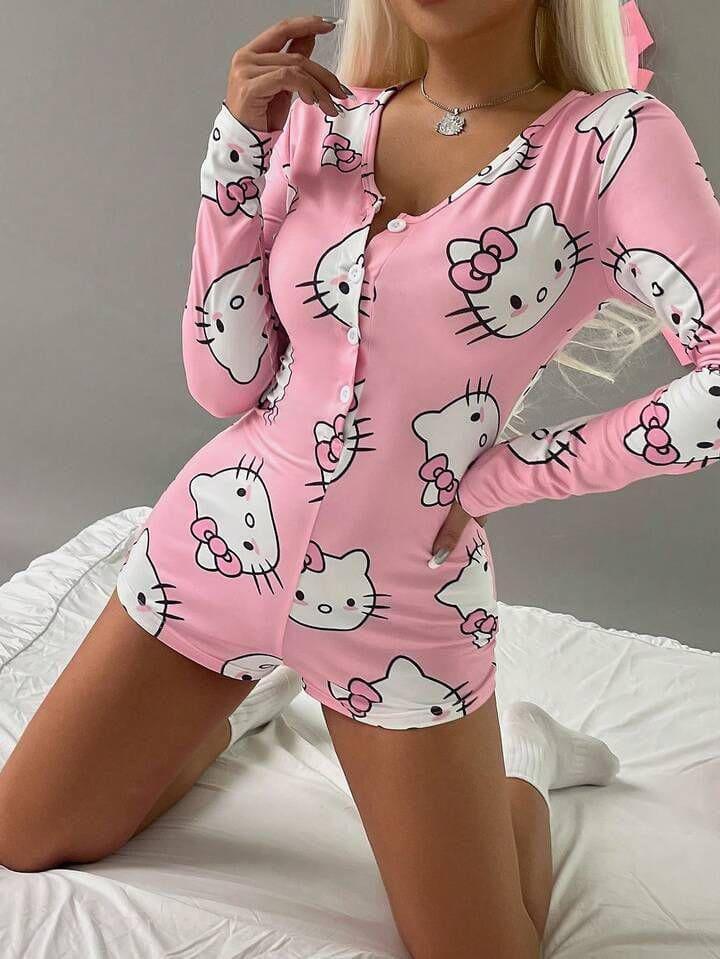 Arias Closet Pamuklu Pembe Hello Kitty Desenli Düğmeli Uzun Kol Tulum Pijama