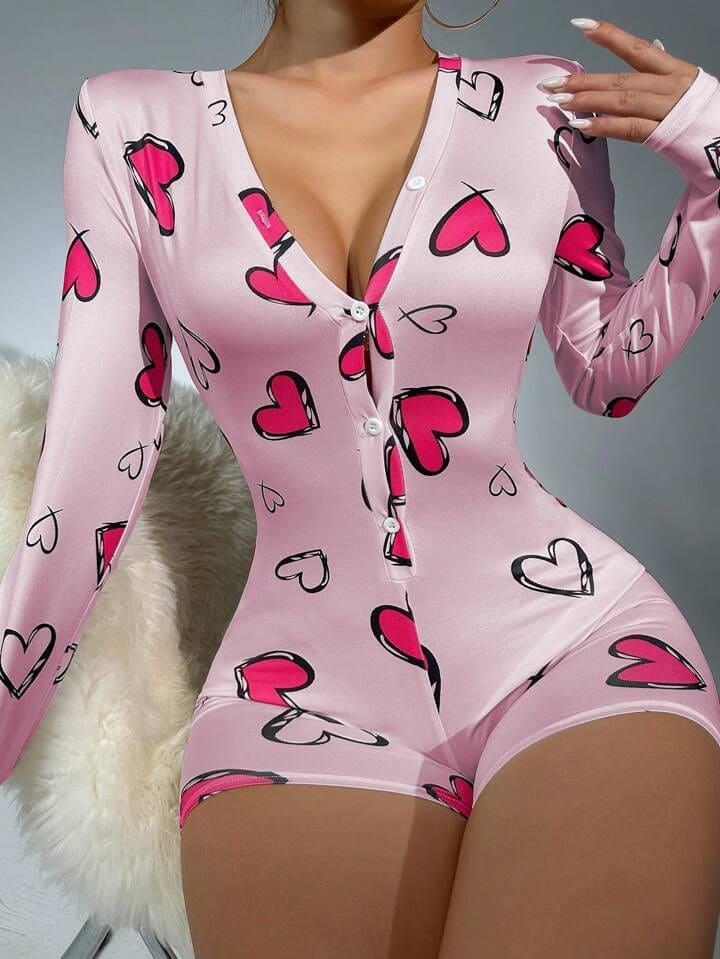 Arias Closet Pamuklu Pembe Kalp Desenli Düğmeli Uzun Kol Tulum Pijama