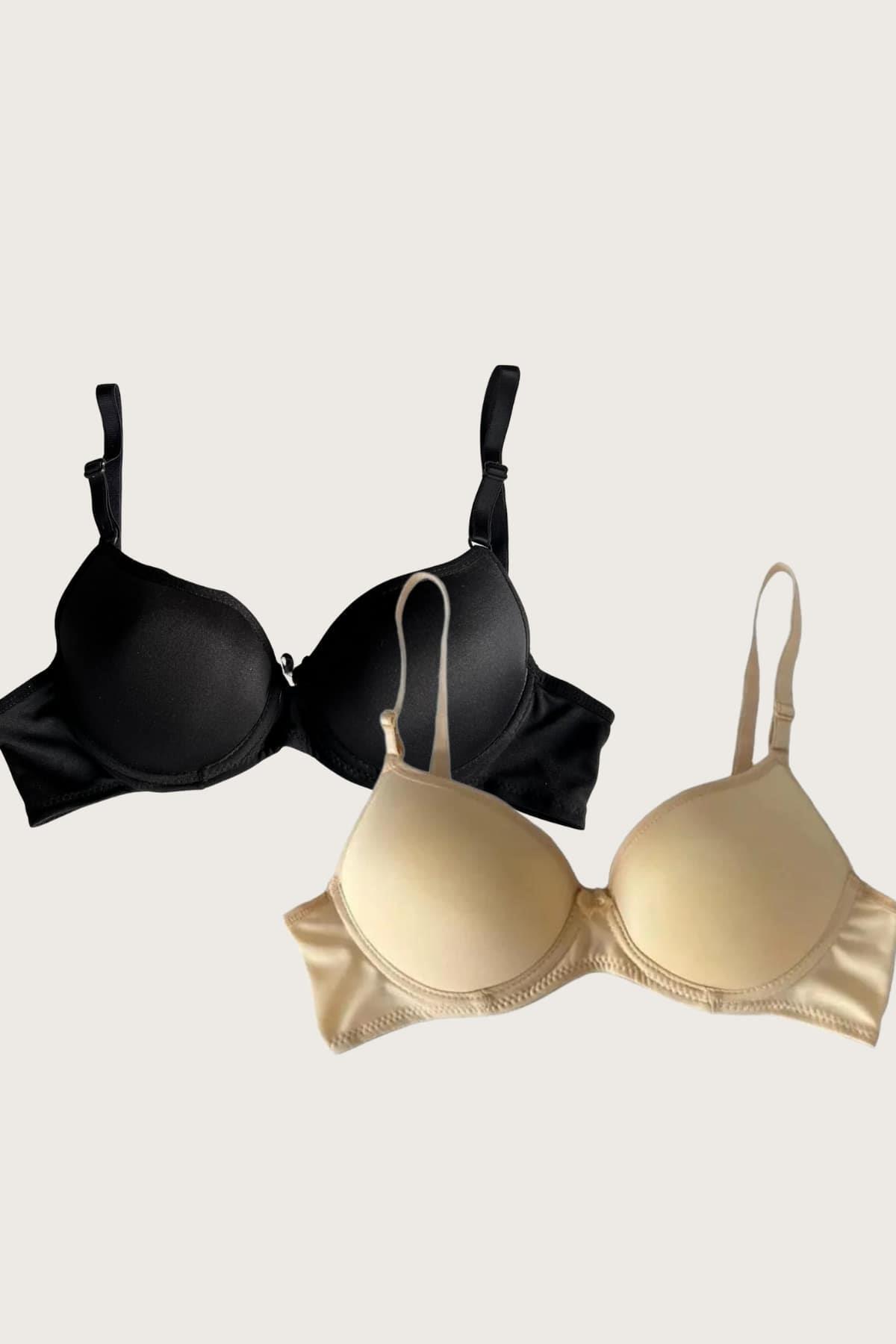 Aria's Closet Siyah-Ten 2'li Mikro Kumaş Push Up Dolgulu Balenli Günlük Destekli Sütyen