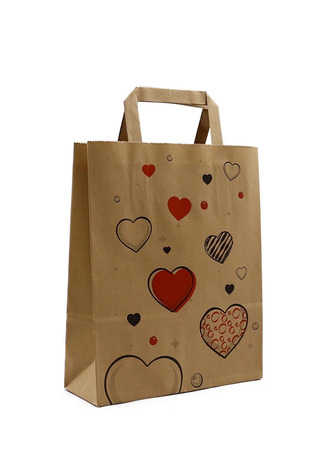 Baskılı Düz Saplı Kraft Kalpli Çanta