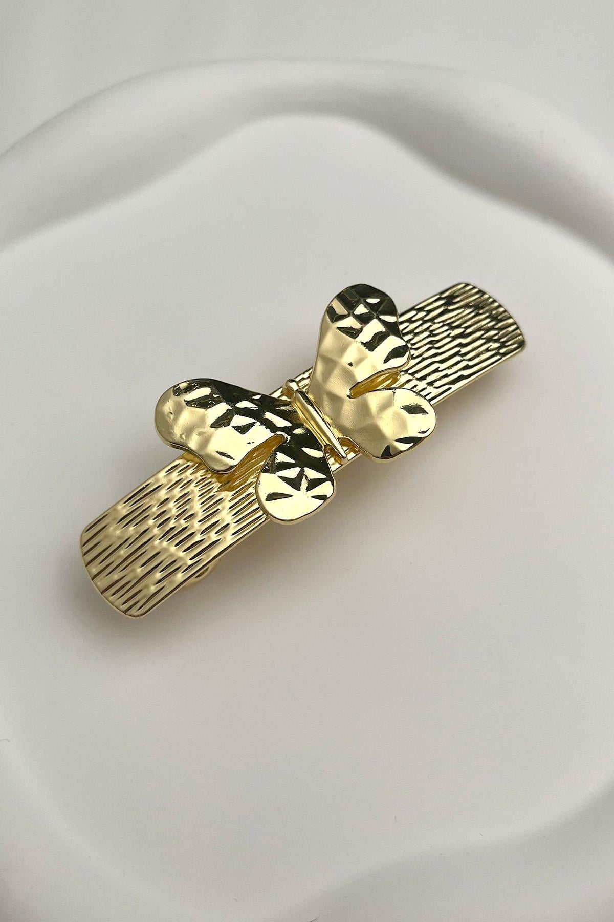 Altın Rengi Kelebek Figürlü Otomatik Toka (Ölçü:8 cm)