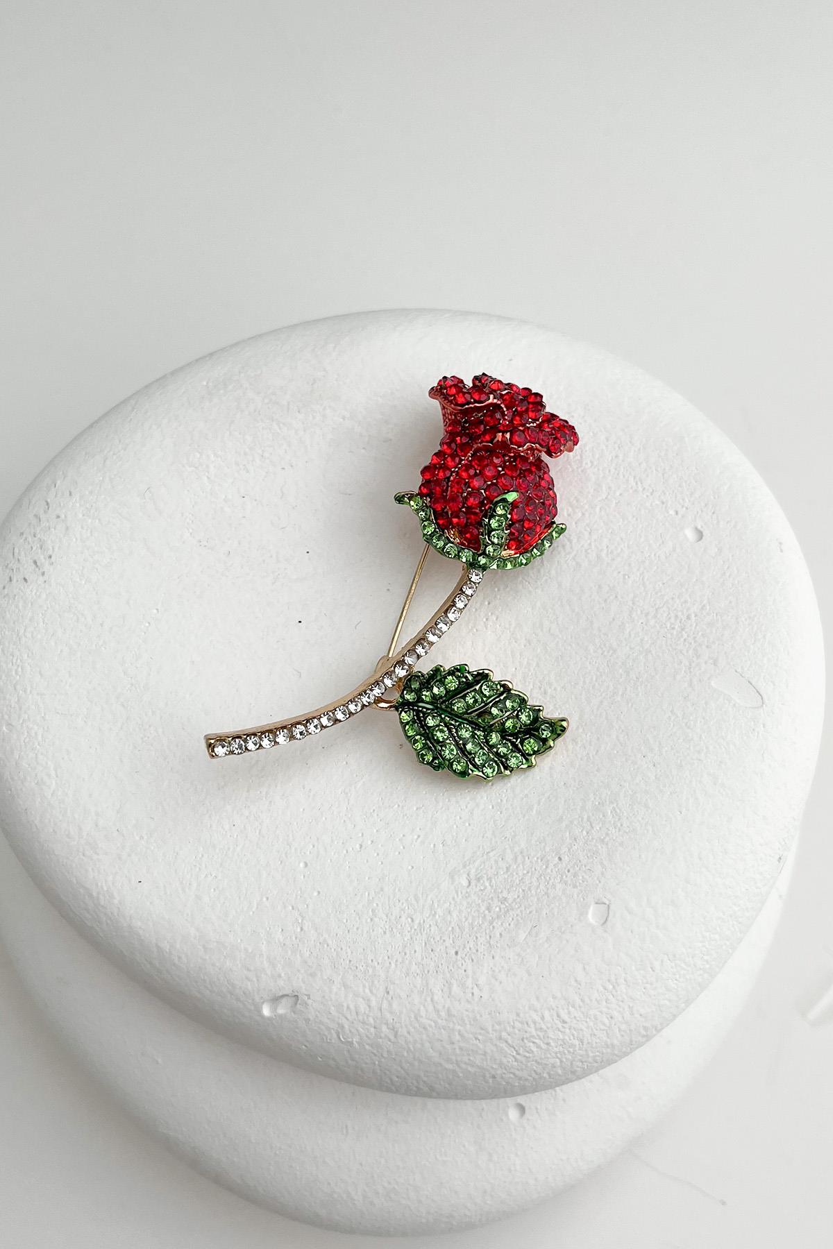 Altın Rengi Taşlı Kırmızı Gül Broş (6cm)