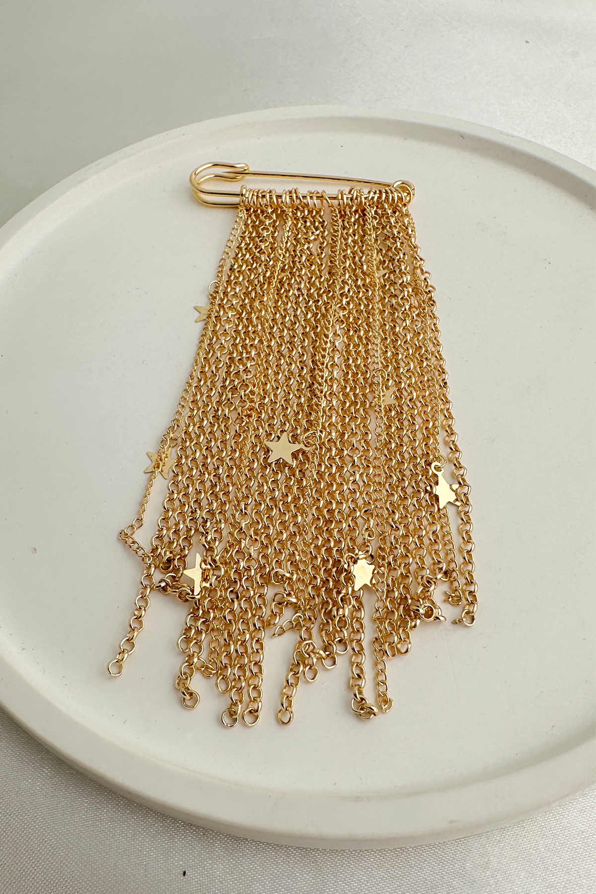 Altın Sarısı Yıldız Detay Çoklu Zincir Çengelli İğne Broş (5cm)