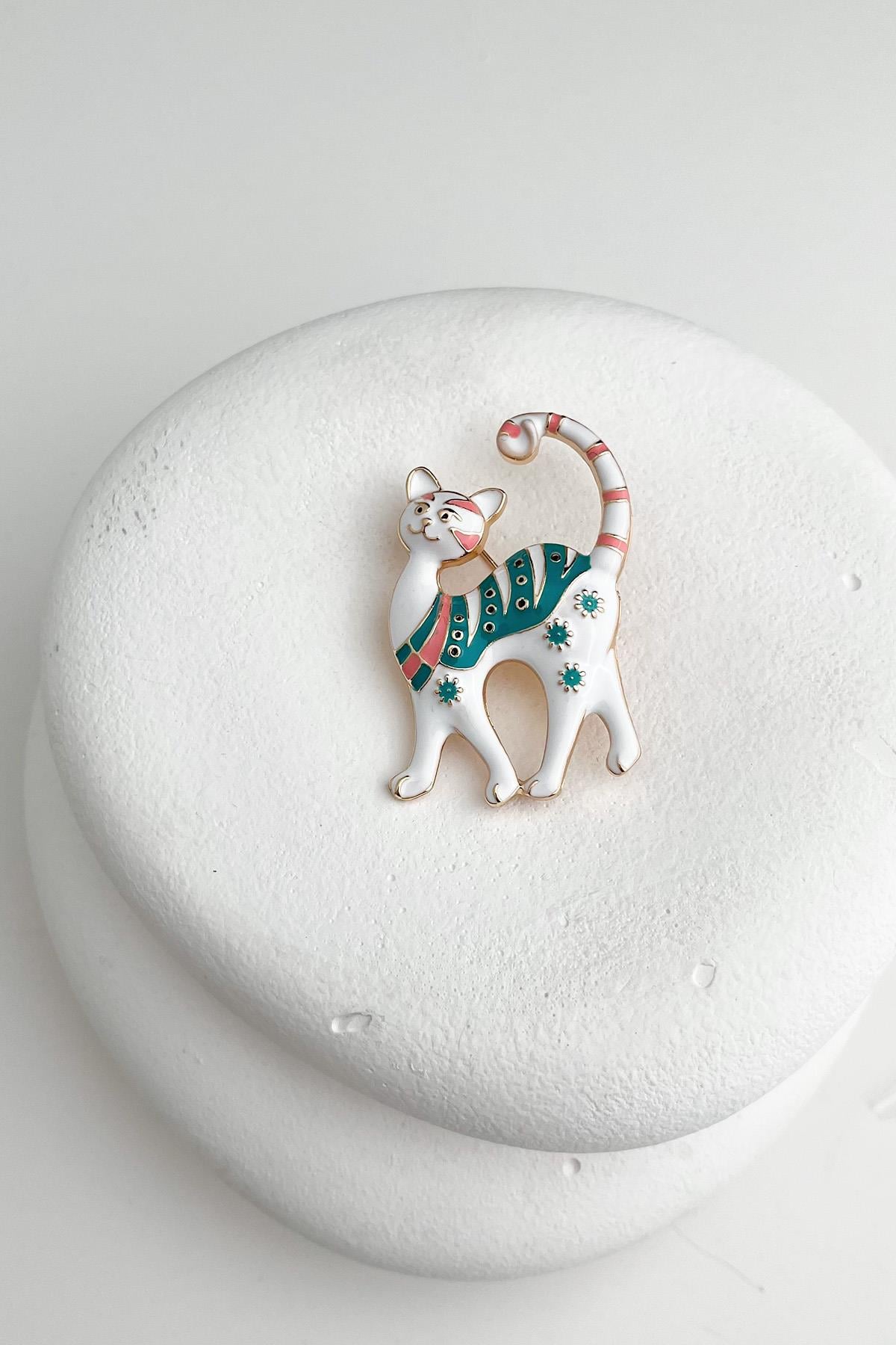 Beyaz Mineli Renkli Sevimli Kedi Broş (3cm)