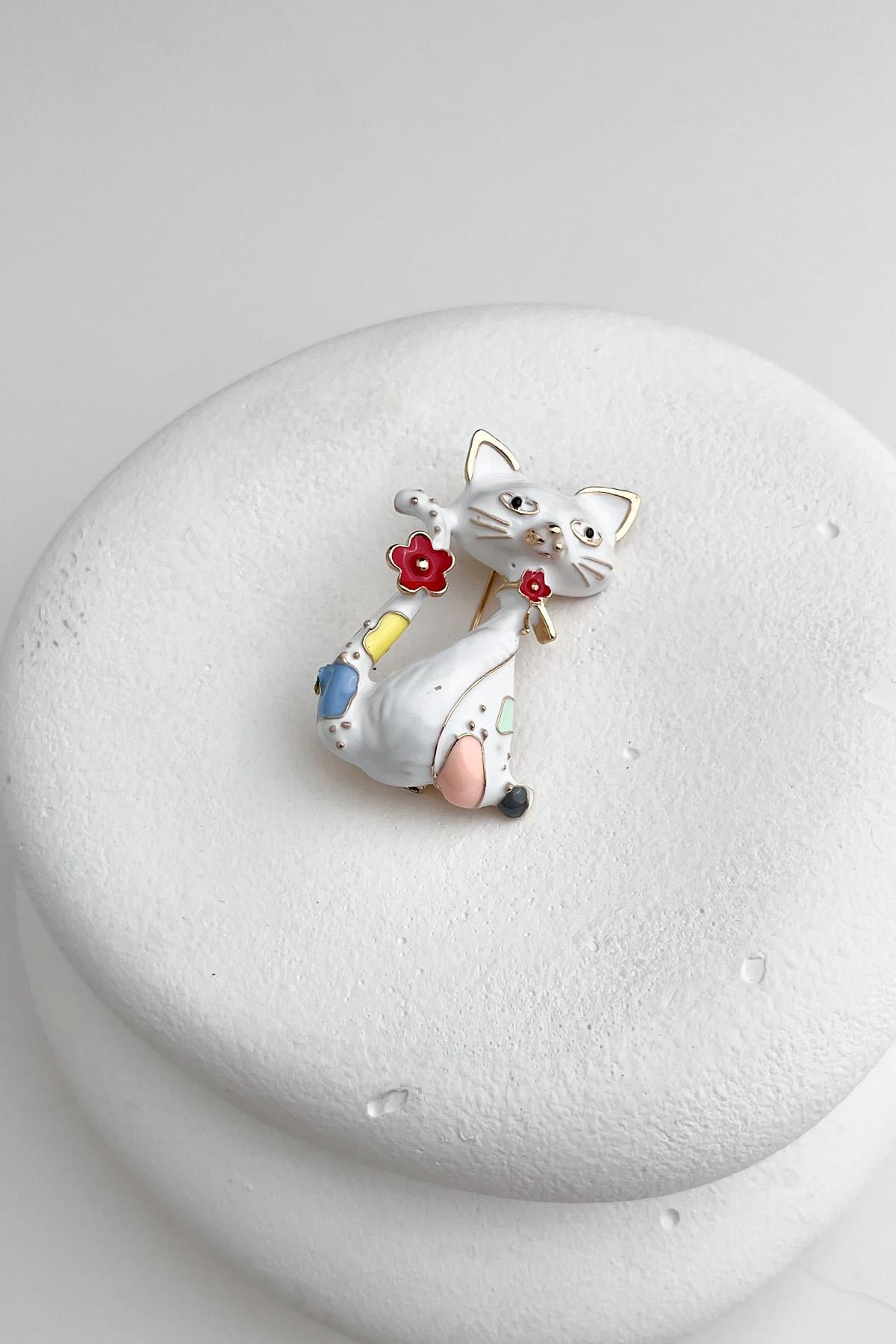 Beyaz Renkli Mineli Sevimli Kedi Broş (4cm)