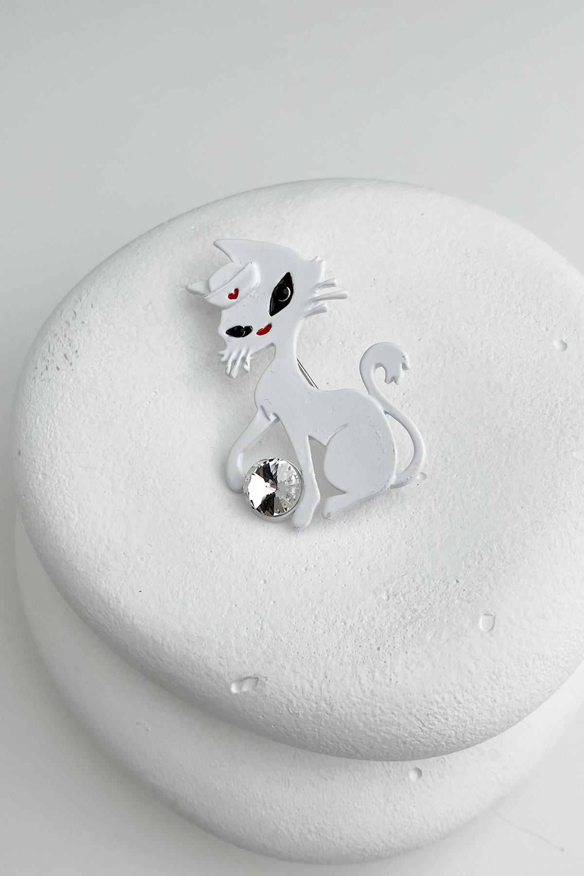 Beyaz Tek Taşlı Sosyete Kedisi Broş (5cm)