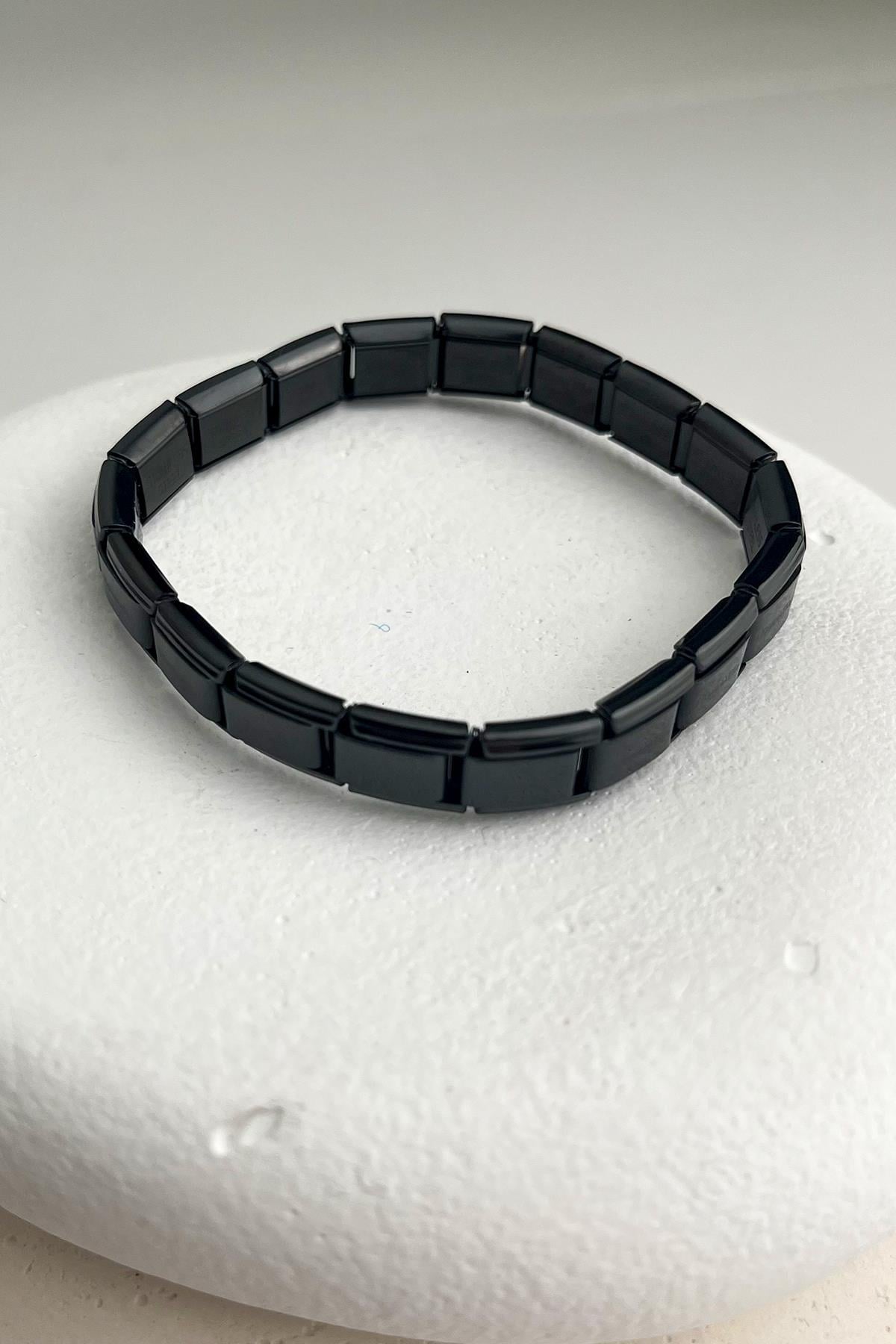 Çelik Siyah Renk Kesik Plaka Yaylı Bileklik(19 cm)