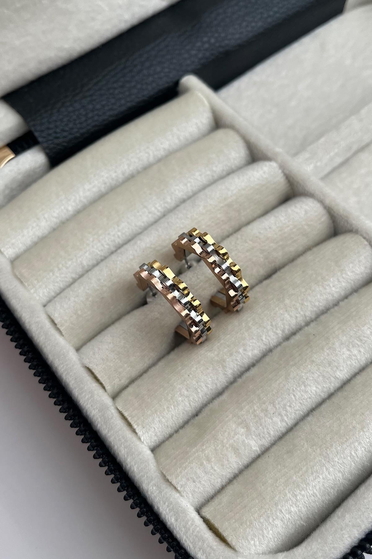 Çelik Üç Renkli Beşgen Küpe