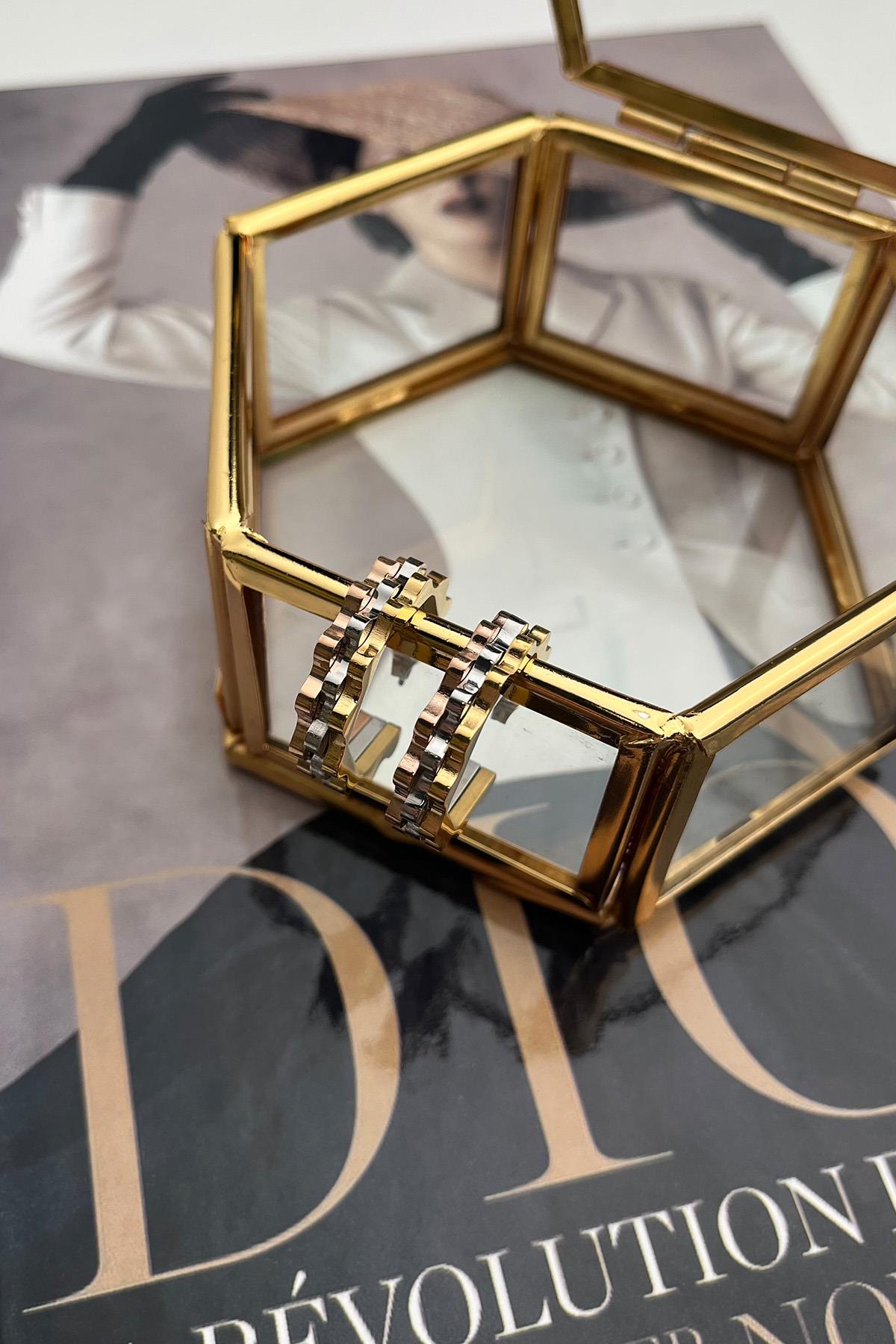 Çelik Üç Renkli Beşgen Küpe