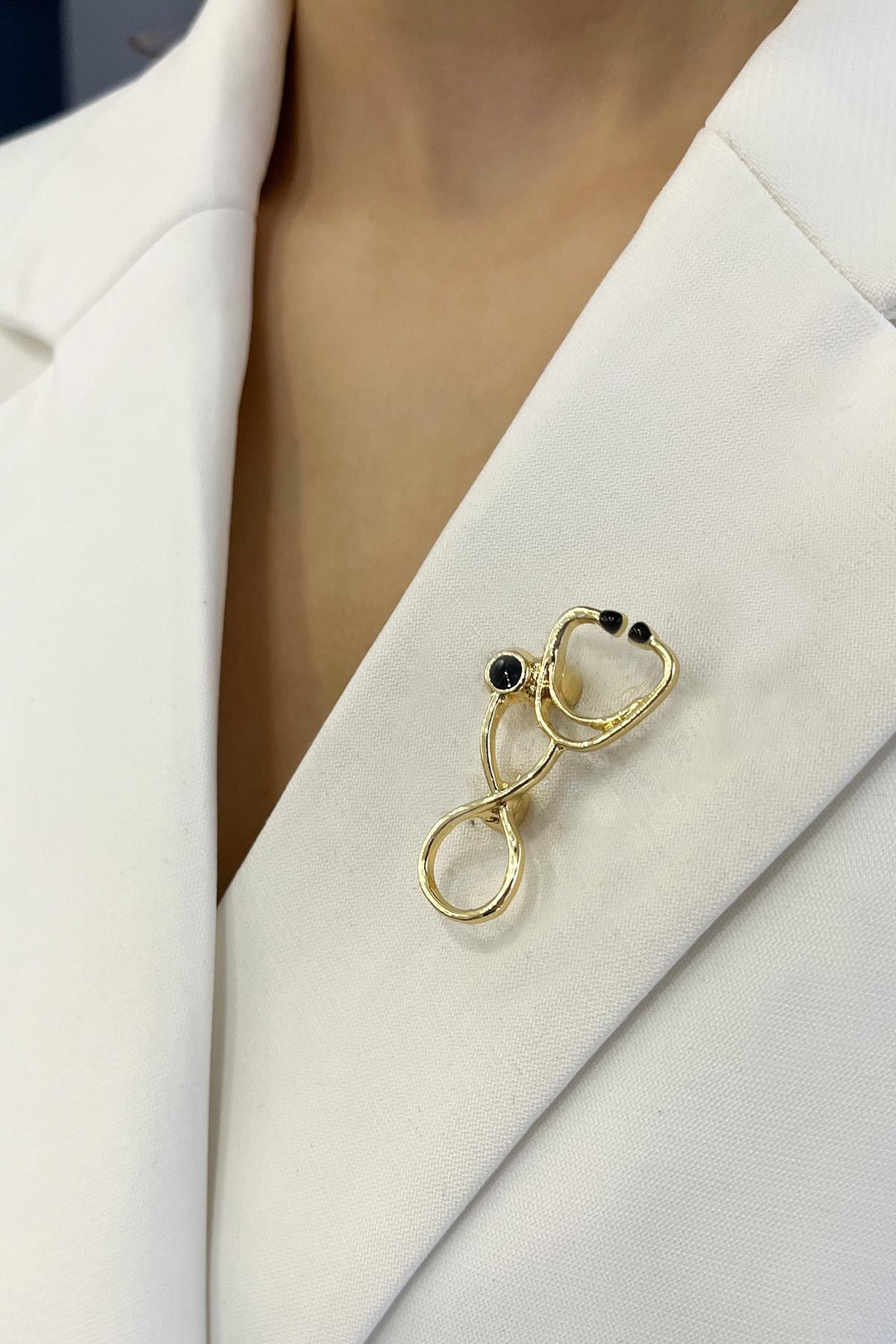 Doktor-Hemşire Altın Rengi Seteskop Broş (4cm)