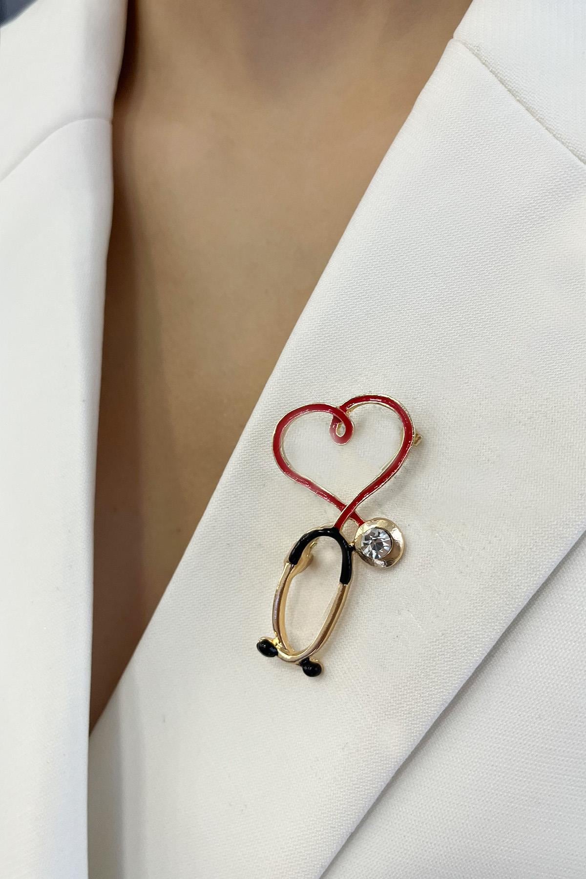 Doktor-Hemşire Kırmızı Kalp Mineli Seteskop Broş (4cm)