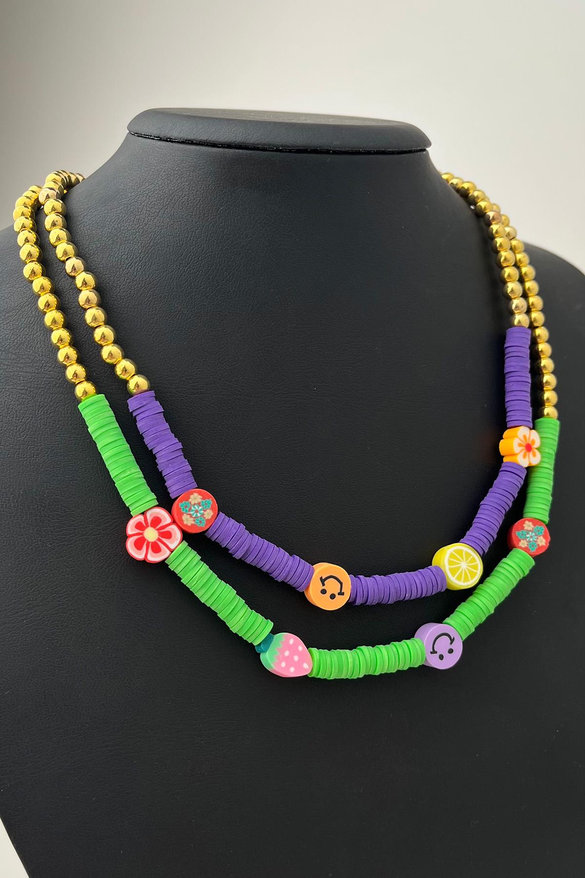 Figürlü Renkli İkili Fimo Kolye (Ölçü:43+5 cm)